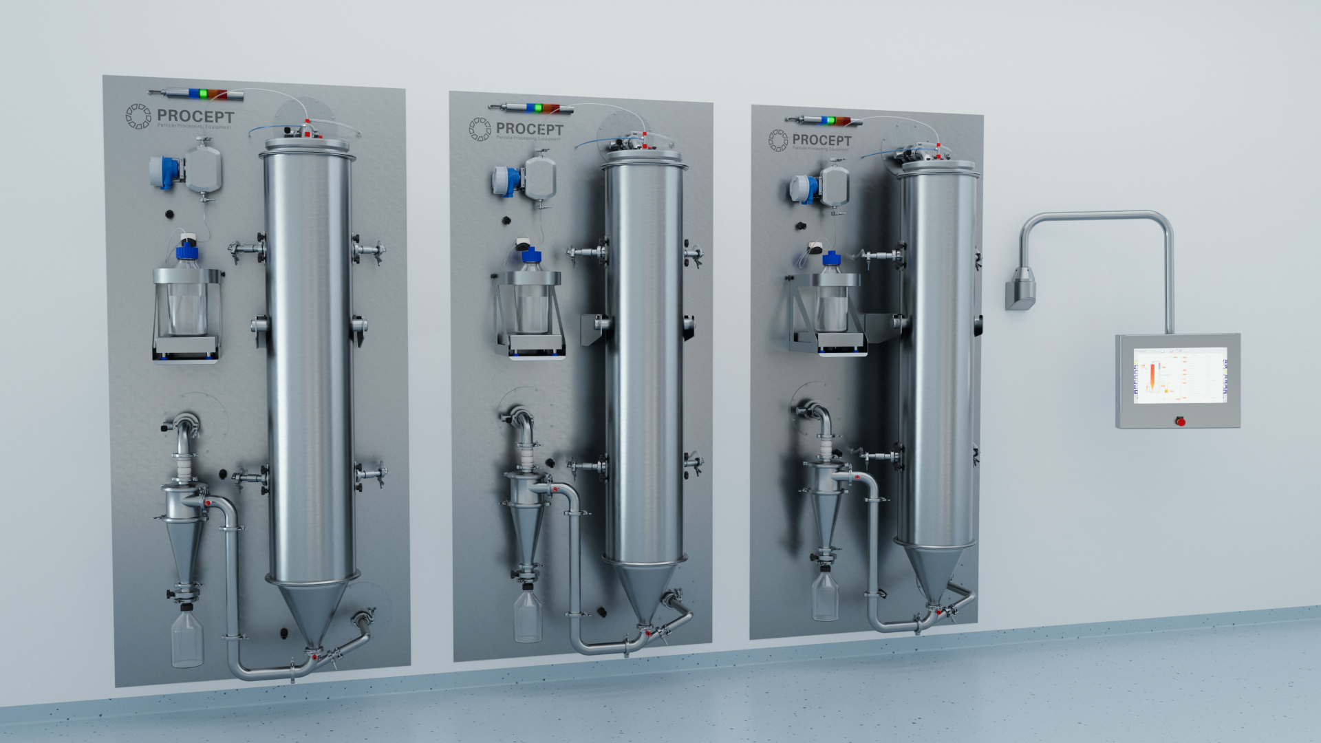 PROCEPT 3 in wall GMP Spray Dryer columns - PROCEPT particle engineering processing equipment